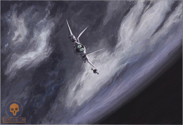 Two spaceships in a chase in front of a massive planet with a thick atmosphere.