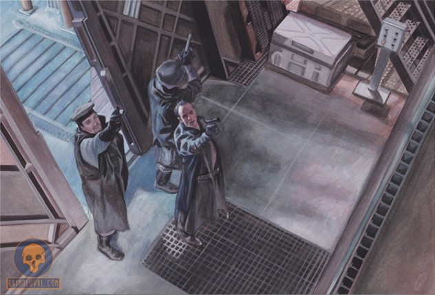 Three armed men entering the parked spaceship and pointing their guns at everyone to assert power and control.
