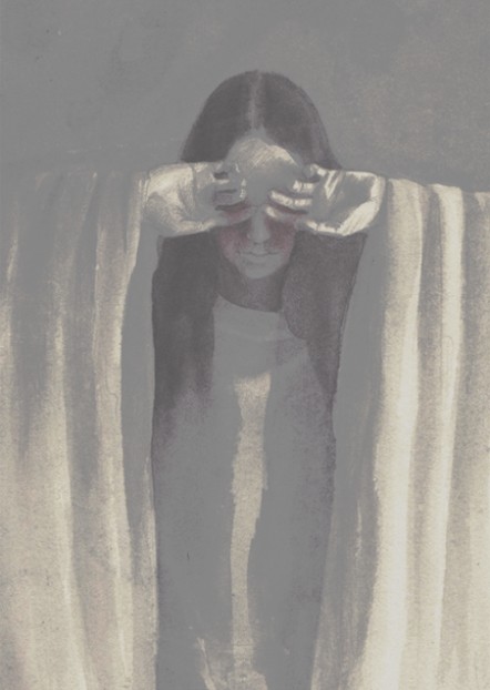a pale black and white painting of a woman figure covering her eyes with her hands hiding the blood flowing from her eyes.