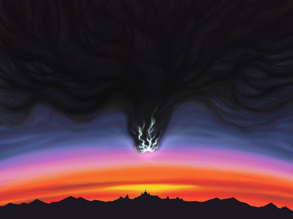 a large city wide black cloud monster with tentecles is cmming to devour the city beheath it.