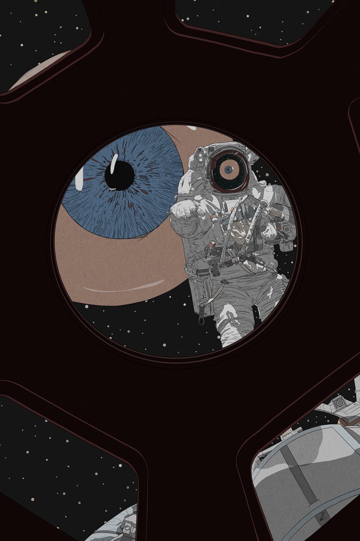 a large eye behind an astronaut in space as the astronaut sees the reflection of the eye on the ISS window from behind which then reflects off of their face.