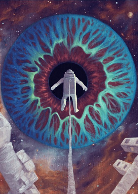 painting of an astronaut going towards what seems like a moon or a planet but is just the iris of an eye and the pupil is a dark empty black hole.