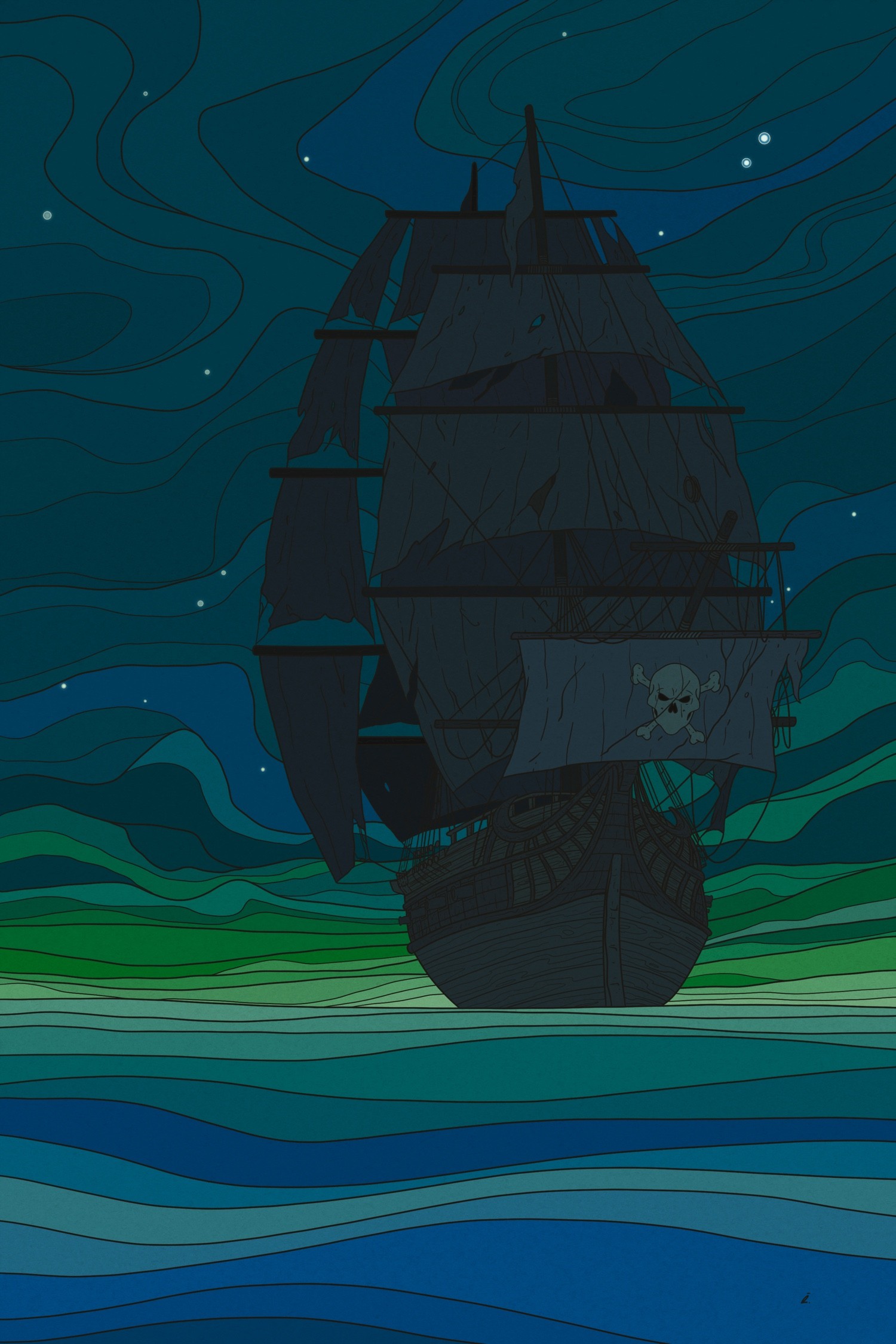 a pirate ship coming back from the dead, all battered up, as if ghosts are sailing it. The sea is silent but with rough waves. Stars in the sky.