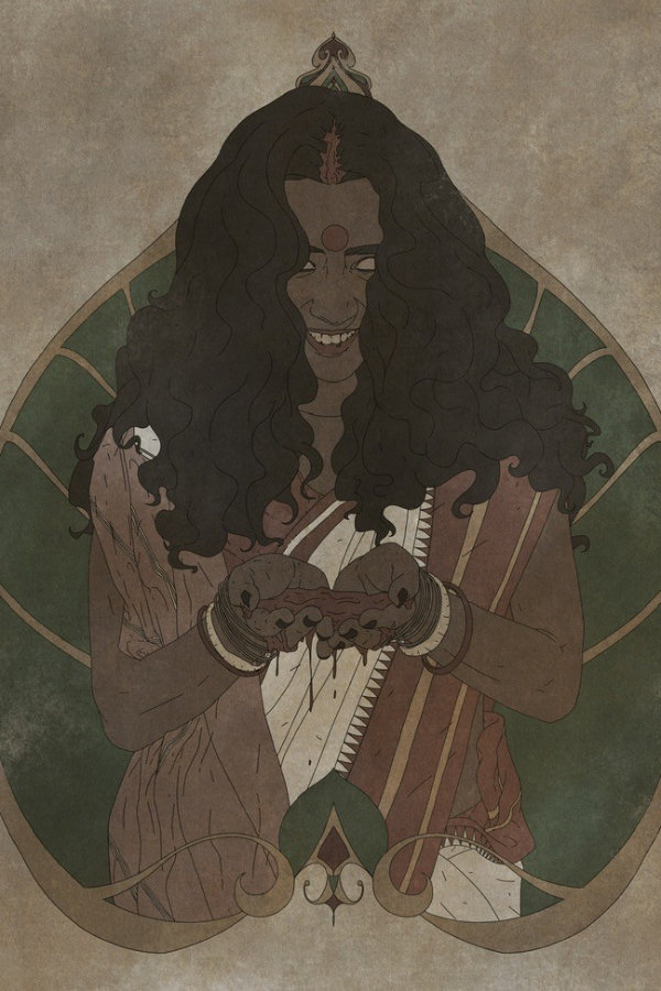 a folk witch in a traditional bengali wedding saree and jewlerry, including conch shell bangles, but without any pupils and white eyes, smiling, and her hands are holding blood of someone